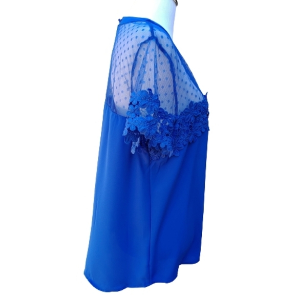Angela Plus Blue Blouse Illusion Neckline Lace Polka-Dots NWT - Picture 9 of 9